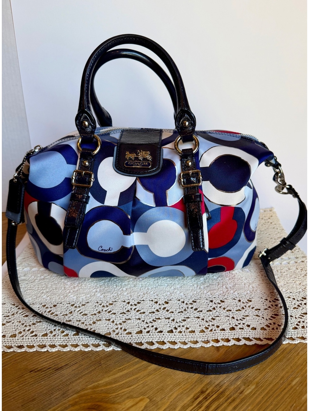 Coach 21233 Kristin Op Art Satin Satchel Crossbody Bag Blue Red Patent Leather